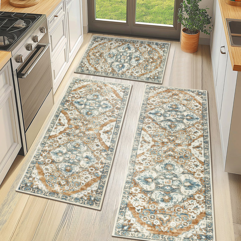 Machine Washable Non-Slip Kitchen Mat, Blue/Orange