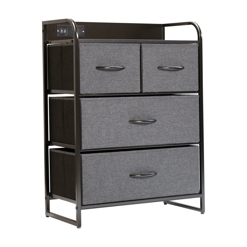Table de chevet 4 tiroirs en tissu avec 2 ports USB et 1 station de recharge, Noir