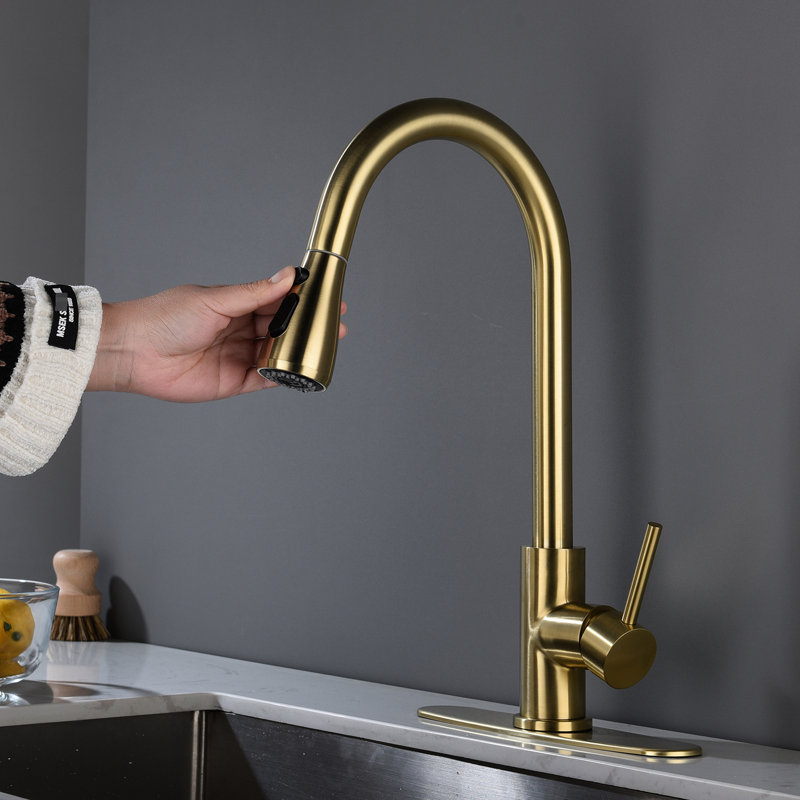 Single Handle Stainless Steel Kitchen Faucet With Pull - Out In Brushed Gold, 360 Rotating High Arc Nozzle, Lever For Precise Water Temperature And Flow Adjustment, Corrosion Surface, Aerators