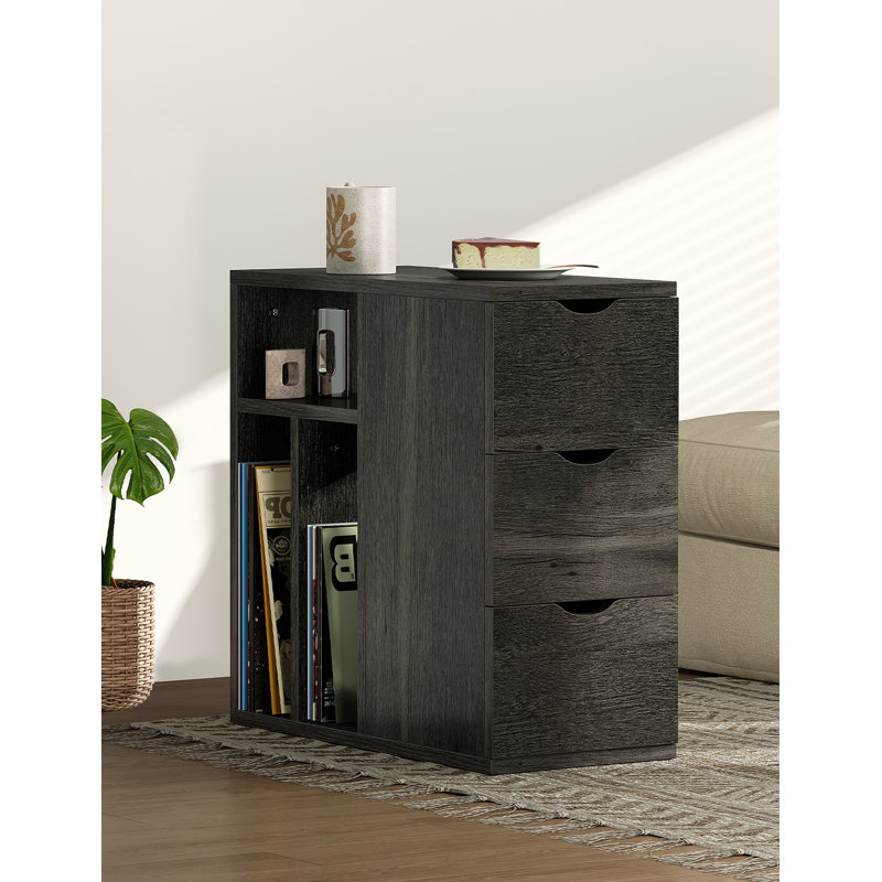 Narrow End Table With 3 Drawers And Storage Shelves For Living Room, Black
