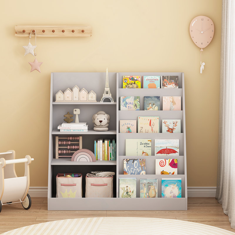 Bookshelf, 4-Tier Wooden Book Shelf For Small Space, Gray