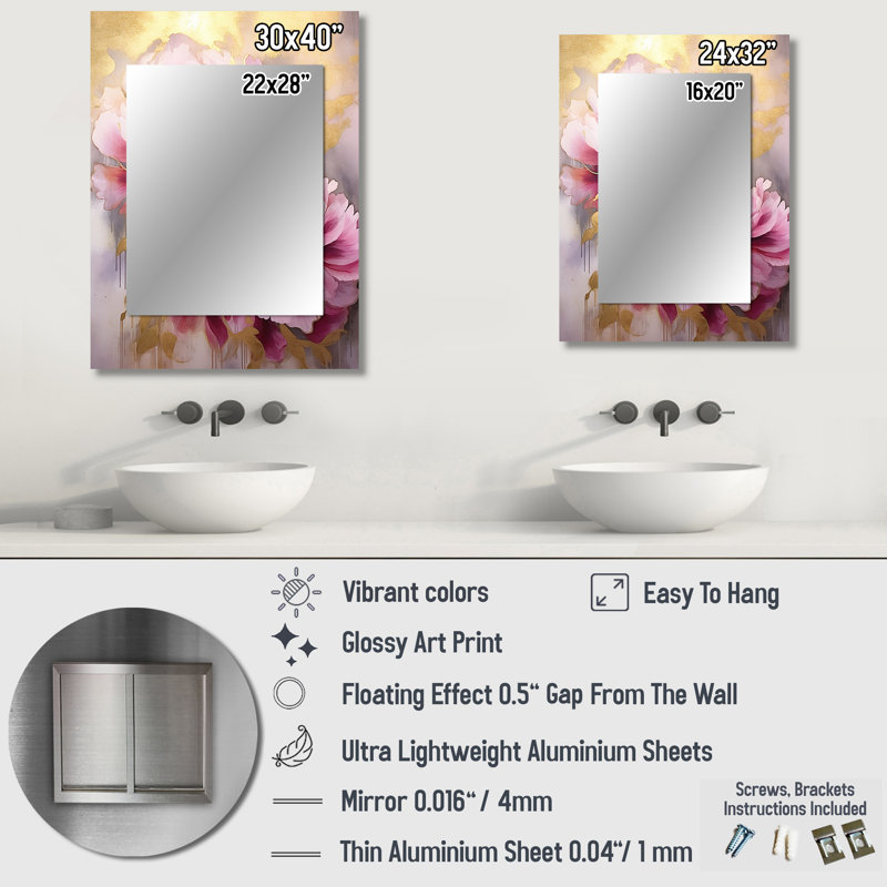 Pink And Gold Peonies In Radiance I - Peonies Mirror, Traditional Decorative Wall Mirror, Printed Metal Art, 40" x 30"