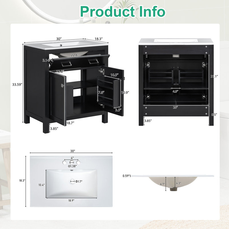 Meuble-lavabo de 30 po avec lavabo en céramique, armoire de salle de bain simple avec 2 portes et une tablette, Argent argent