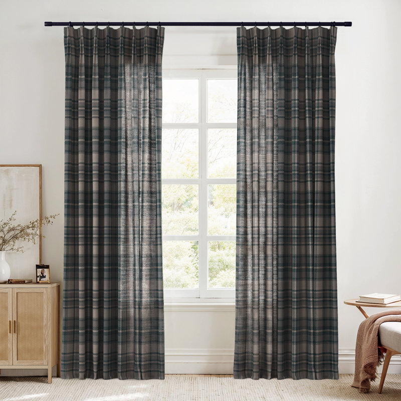 TWOPAGES Unlined Plaid Curtain Gingham Faux Linen Pinch Pleat Curtain, 40" W x 96" L, Raisin