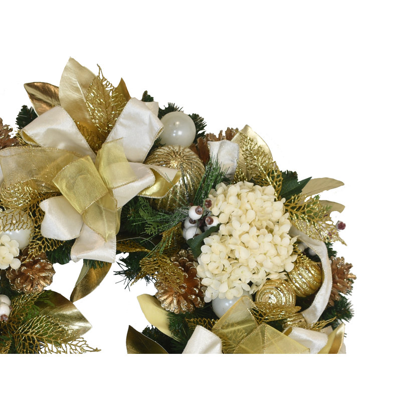 26" Holiday Wreath With Hydrangeas, Glitter Leaves, Ornaments And Bows, 32" H x 32" W x 11" D, Cream/Gold/Green