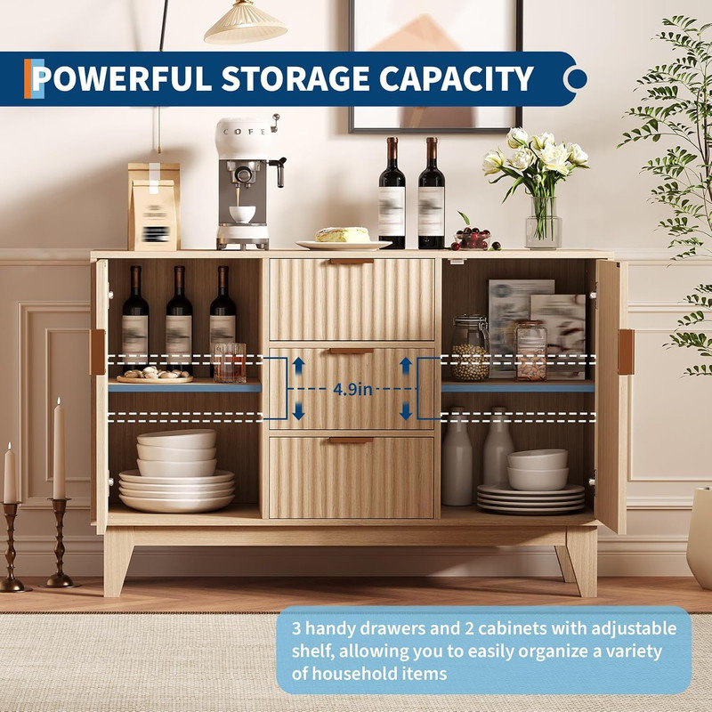 Large Fluted Buffet Cabinet with Storage, 47.2" Modern Sideboard Buffet, Wood Farmhouse Coffee Bar Kitchen Storage Cabinet with 3 Drawers and 2 Doors for Dining Room Living Room