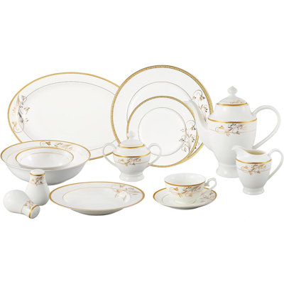 La Luna Bone China 57-Piece 24K  Floral Design Dinnerware Set, Service For 8