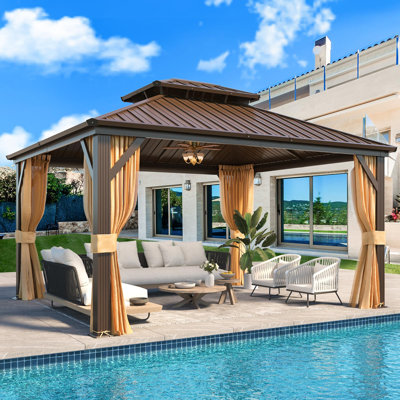 Outdoor Hardtop Gazebo With Aluminum Frame & Double Galvanized Steel Roof, Heavy Duty Permanent Pavilion With Netting & Curtains For Patio, Lawn, Deck