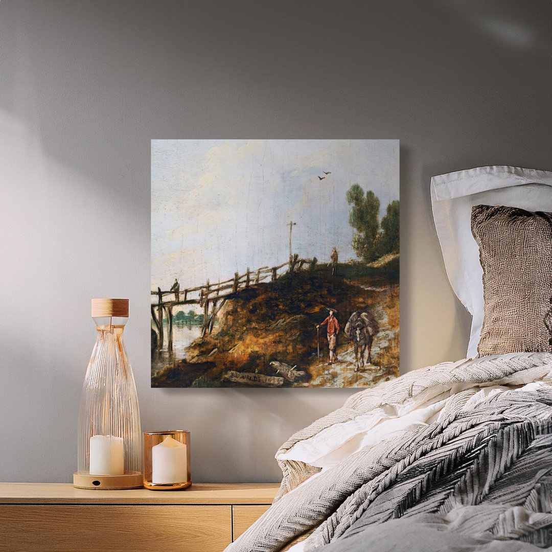 Landscape with a Wooden Bridge Canvas Wall Art, Gallery Wrapped, Ready to Hang, Archival Quality, Vintage Art Print, Pastoral Scene