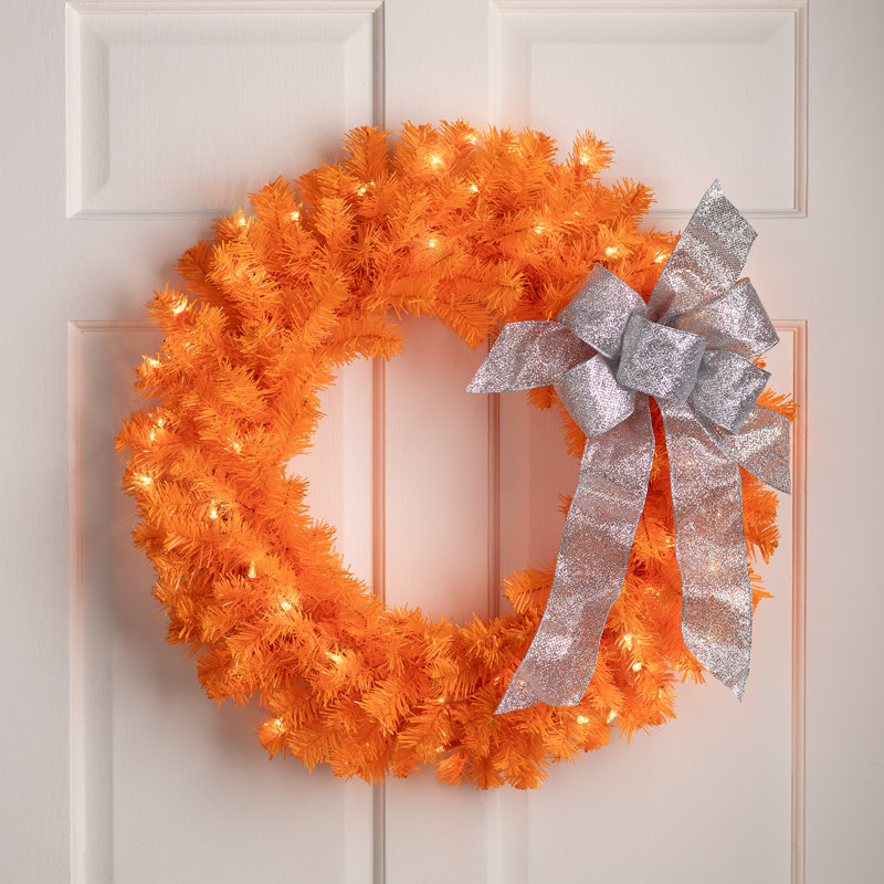 Pre-Lit Artificial Pine Christmas Wreath - Clear Lights, Orange, 24" H x 24" W x 5" D