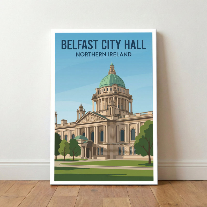 Belfast City Hall, Northern Ireland - Travel Poster Of The Iconic Dome And Sunlit Square. Giclee Print On Wrapped Canvas. Wall Art, Home Decor - Iconic Buildings & Architecture, Northern Ireland - Wrapped Canvas Print