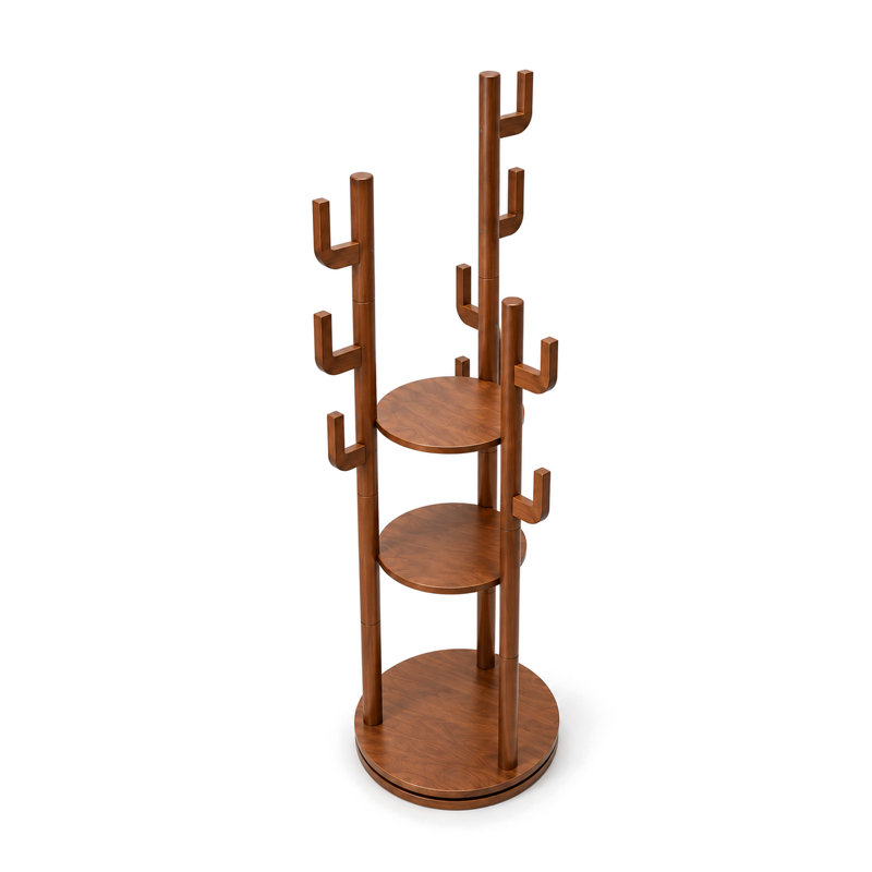 Portemanteau rotatif 65 po en bois d'hévéa massif avec 3 tablettes et 9 crochets, noyer