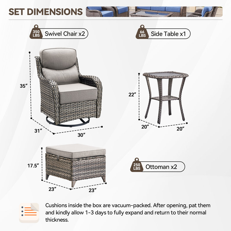 Ensemble de conversation d'extérieur en osier avec table d'appoint 5 pièces Meriline, Beige, Gris