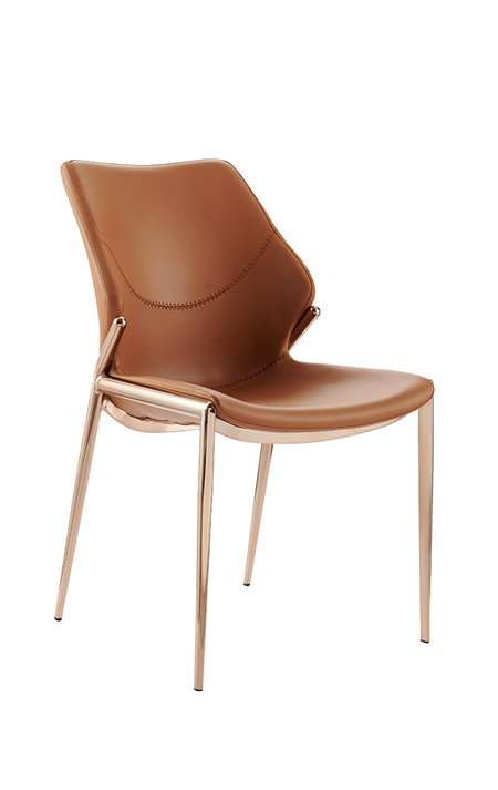 Chaise d'intérieur brun clair en vinyle d'intérieur avec dossier incurvé et structure en métal doré