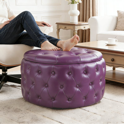 Fully Assembled Round Storage Ottoman with Deep Diamond Tufting and Hidden Storage