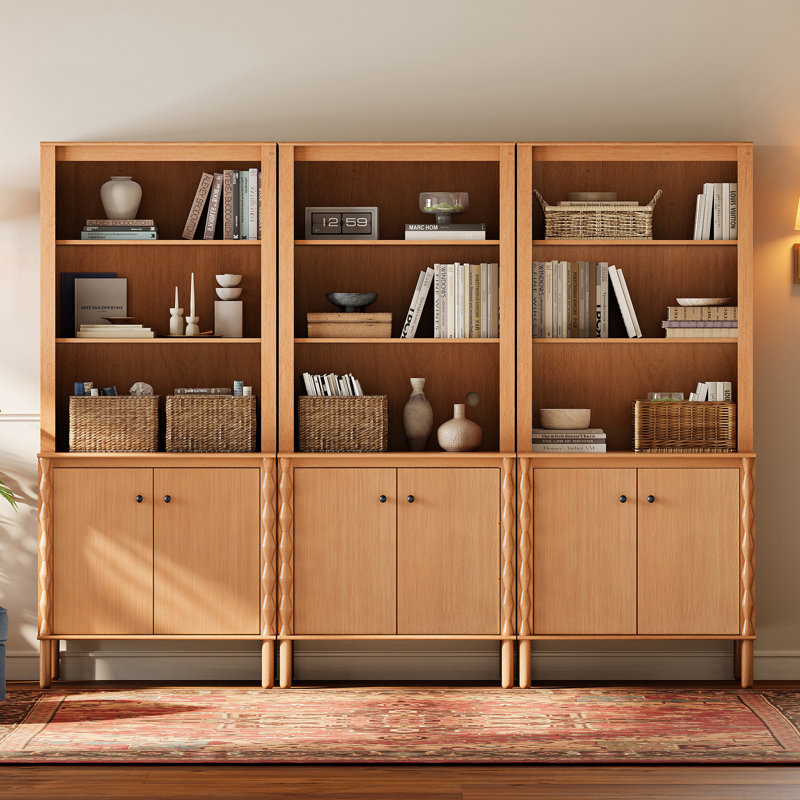 Bibliothèque Greeta de 185 cm de haut avec tablette ouverte et 6 portes de rangement, idéale pour le bureau, le salon ou la chambre à coucher, couleur noyer.
