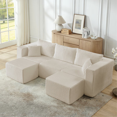 Velours côtelé beige compact à 3 places modulaire ultra confortable, peu encombrant et minimaliste moderne | Tissu d'ameublement en tissu d'ameublement Terrycloth