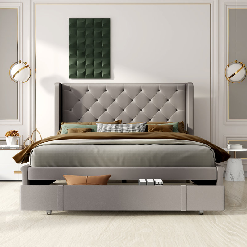 Darcy-Mae Upholstered Wingback Storage Bed, Gray