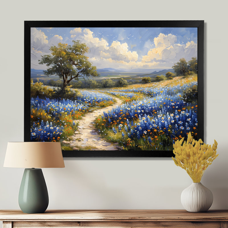 «Blue Green Summer Meadow Charm Blue Bonnets III - Blue Bonnets», reproduction d'art, Toile encadrée noire simple