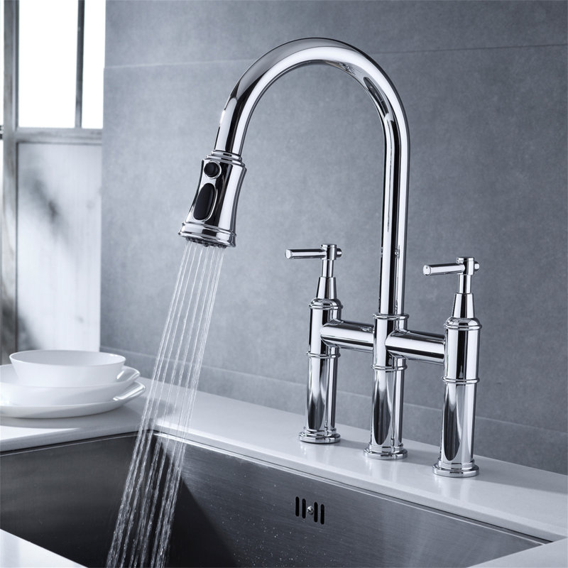 Robinet de cuisine Bridge avec douchette extractible encastrée, Chrome chrome