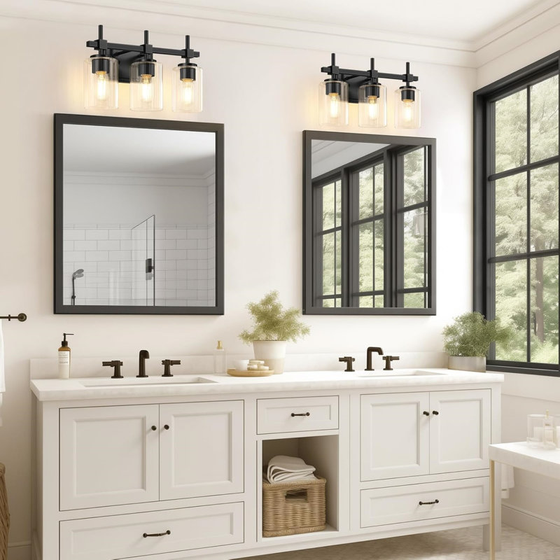 3-Lights Bathroom Vanity Lights with Clear Textured Glass Shades, Matte Black