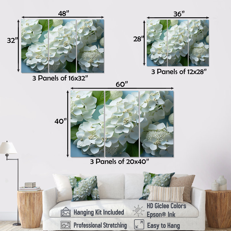 «Soft Neutral Tones Portray Hydrangea Blooms I», ensemble d'art mural hortensia, Toile tendue, H 40 po x l 60 po x P 1 po