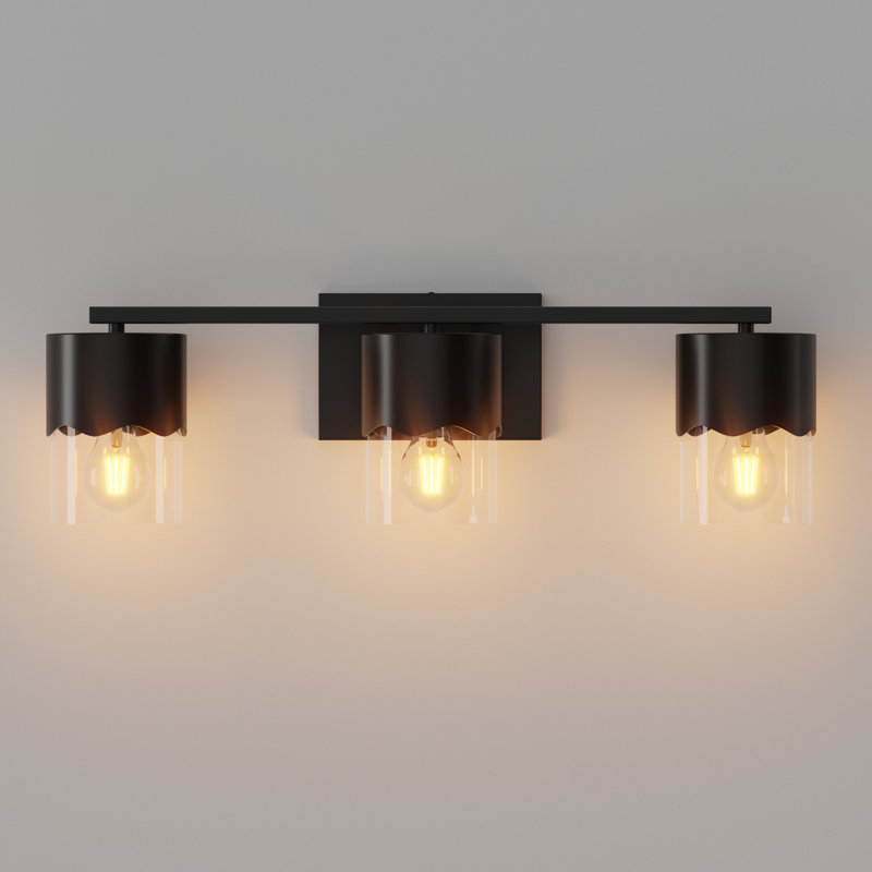 Luminaire de salle de bain à 3 lumières à intensité variable en métal noir avec abat-jour festonné Kailyn, Noir mat