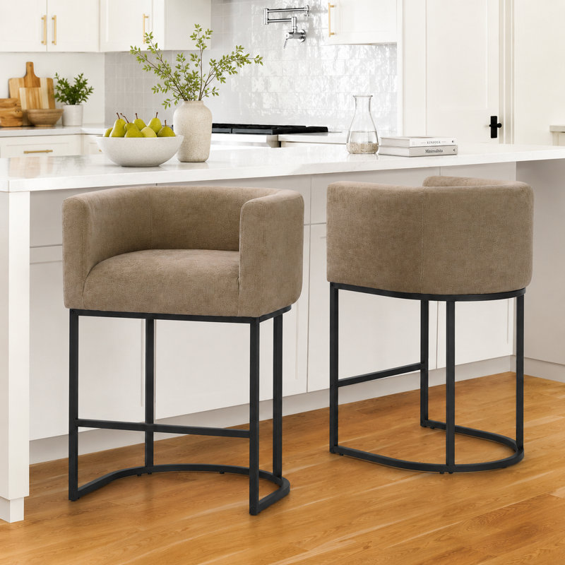 Upholstered Barrel Counter Stool, Black, Brown