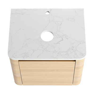 Meuble-lavabo mural de 24 po, conception de porte à fermeture douce, base en contreplaqué, couleur chêne blanc américain, 45 poignées cachées contemporaines peu encombrantes, charnières de fermeture pour une expérience silencieuse et fluide