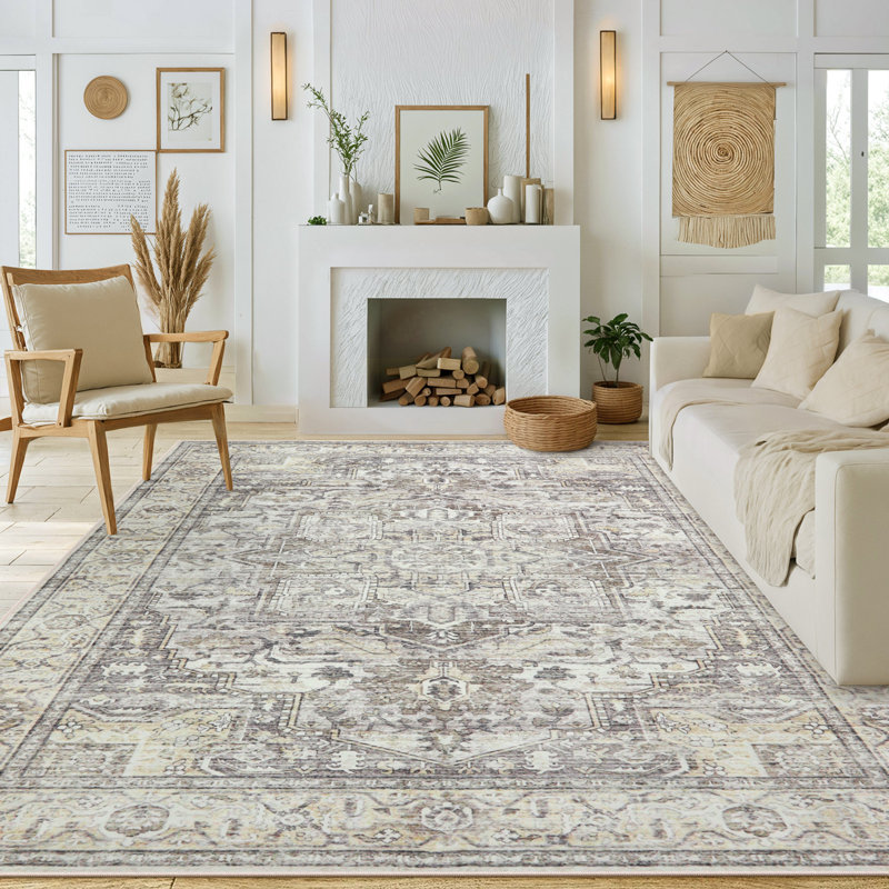 Watte Vintage Moroccan Washable Area Rug, Non-Slip Backing Low Pile Indoor Rug for Living Room, Bedroom, Dining Room or Office