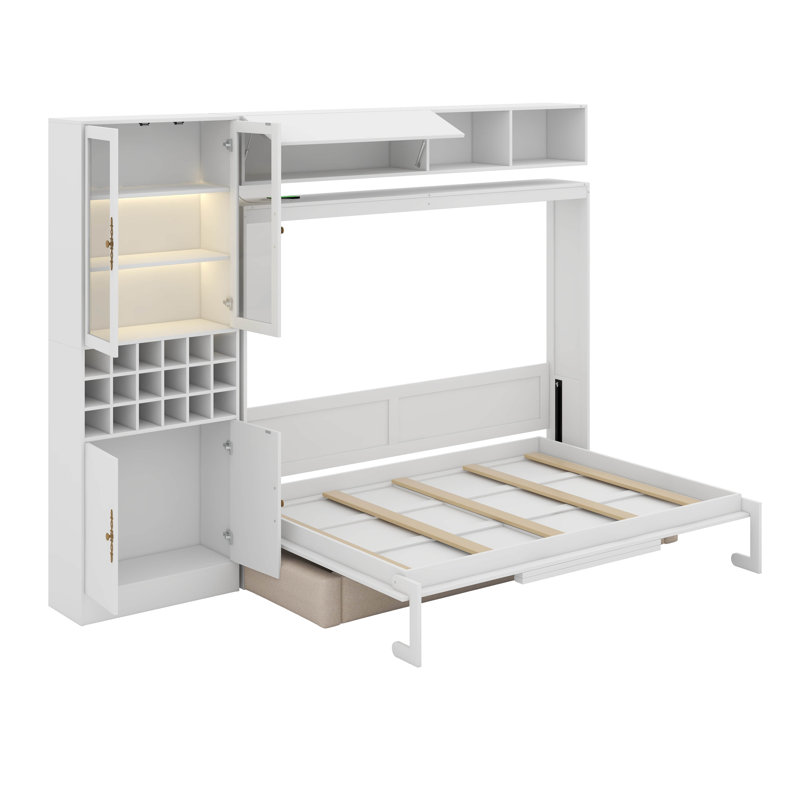 Full Size Murphy Bed With Sofa，USB & Light, Full, White