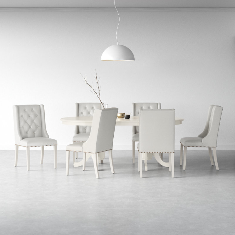 L'ensemble de salle à manger moderne 7 pièces comprend 1 rallonge papillon, un double piédestal, une table et 6 chaises de salle à manger en cuir PU blanc avec dossier capitonné - lin blanc