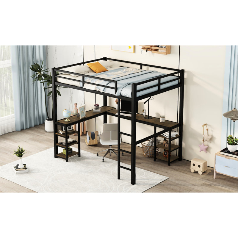 Lit mezzanine double en métal avec bureau et support à suspendre