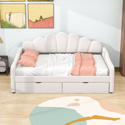2 Drawers Full Upholstered Daybed with Shell-Shaped Backrest and Center Legs