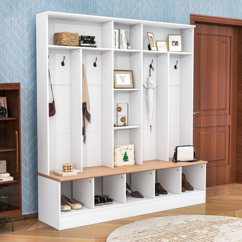 Elegant Hall Tree with Wood-Grain Finish, Shoe Bench, Storage Cubes & Shelves, White