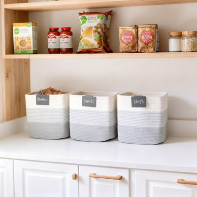 13 Inch Cube Storage Bins 3-Pack, Cotton Rope Woven Fabric Baskets For Organizing Shelves, Toys, Closet And Nursery