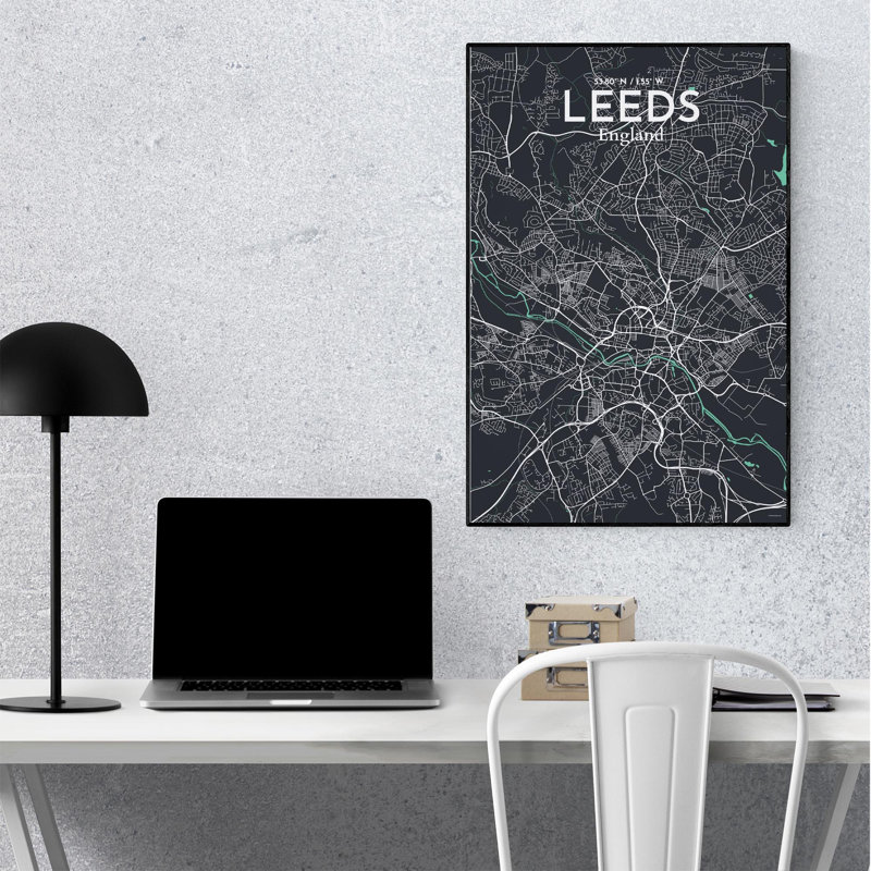 Carte de la ville de Leeds, impression, H 36 po x l 24 po, Vert / gris