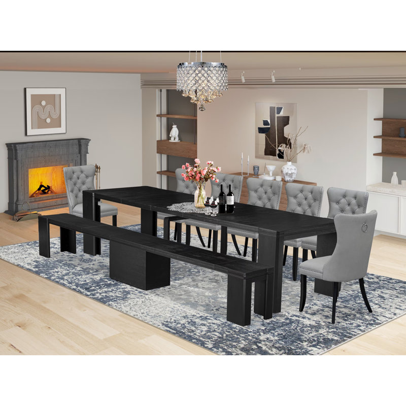 9-piece Xtenczar Dining Table Set a Rectangular Kitchen Table and a wooden Bench and 7 Light Gray Polyester Fabric Dining Room Chair
