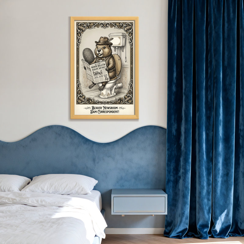 Bath & Laundry Beaver lisant un journal sur une toilette, H 18 po x l 12 po, Toile tendue, Ne s’applique pas