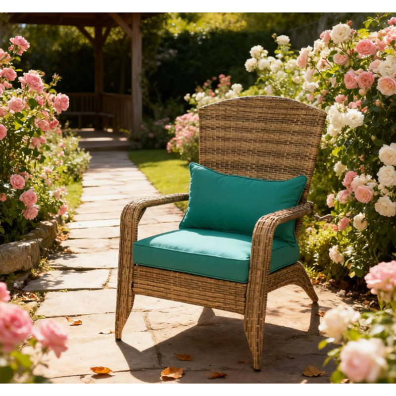 Chaise haute à dossier courbé, chaise Adirondack de patio avec osier en rotin, coussins moelleux, Vert