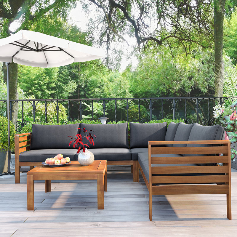 Ensemble de canapé d'extérieur à structure en bois avec coussins beiges Design exotique avec accessoires en métal robuste