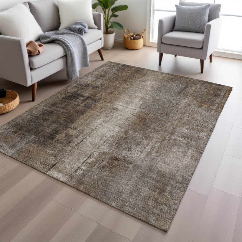 Tapis intérieur / extérieur brun lavable à la machine Xhevrie, Rectangle 10 pi x 14 pi