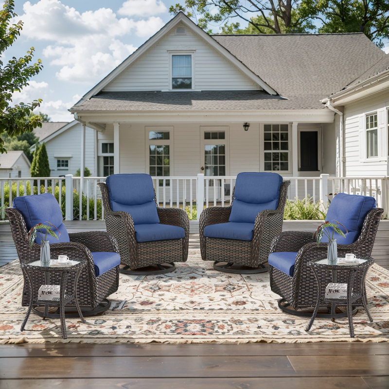 Koba 6-Piece Outdoor Conversation Set – Patio Swivel Glider Chairs with Side Tables & Cushions, Blue, Brown