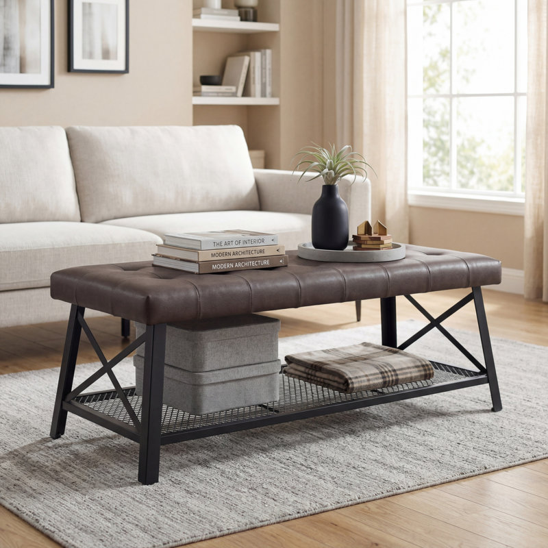 Dark Brown Tufted Faux Leather Upholstered Coffee Table With A Durable Faux Leather Tabletop, Paired With A Mesh Metal Base And Sturdy Legs. Easy To Assemble.