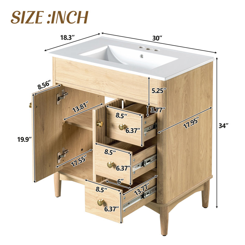 Meuble-lavabo en bois de 76 cm (30 po) avec comptoir en bois blanc, tablette réglable, tiroirs et portes à fermeture amortie.