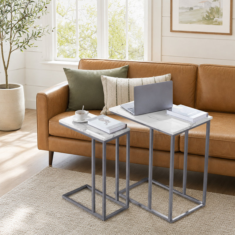 Delavan Faux Marble End Table, White Faux Marble, Gold, 25"H x 18.3"W x 10"D