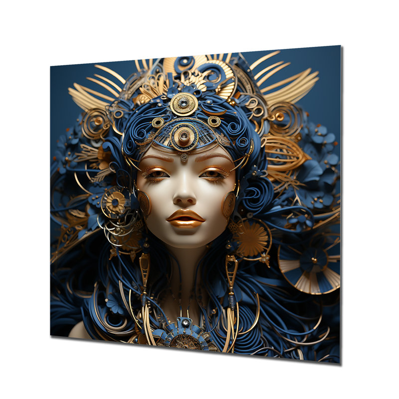 Art tribal égyptien doré et bleu «Queen» - égyptienne, art mural en métal, H 29 po x l 29 po x P 1,5 po