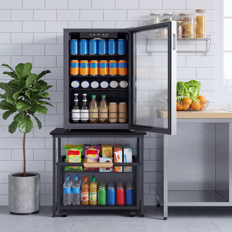 Mini support de réfrigérateur avec rangement, mini armoire de réfrigérateur avec roues et pieds réglables, structure en métal robuste, pour le salon, la chambre à coucher, le bureau