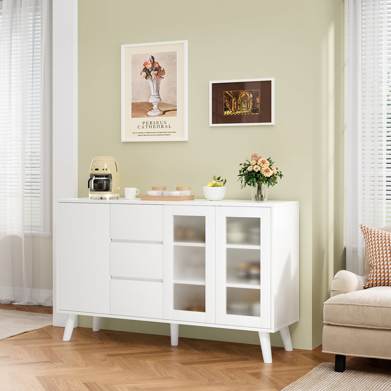 Farmhouse Buffet Cabinet, 55.5" Coffee Bar with 3 Drawers and Pop-Up Doors, Large Rustic Sideboard, White