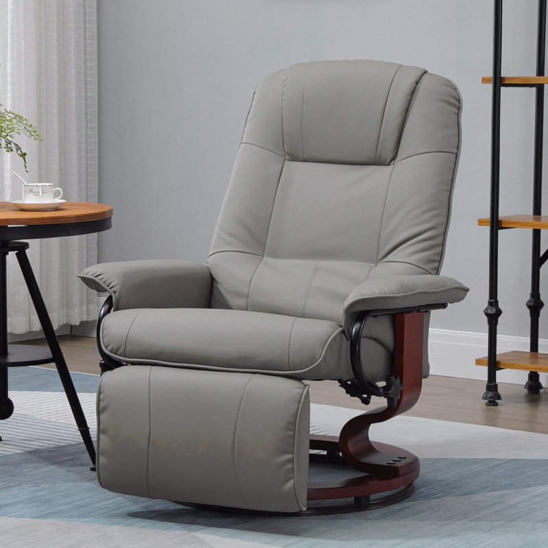 Faux Leather Manual Swivel Recliner - Wood Base, Padded Armrest, Gray